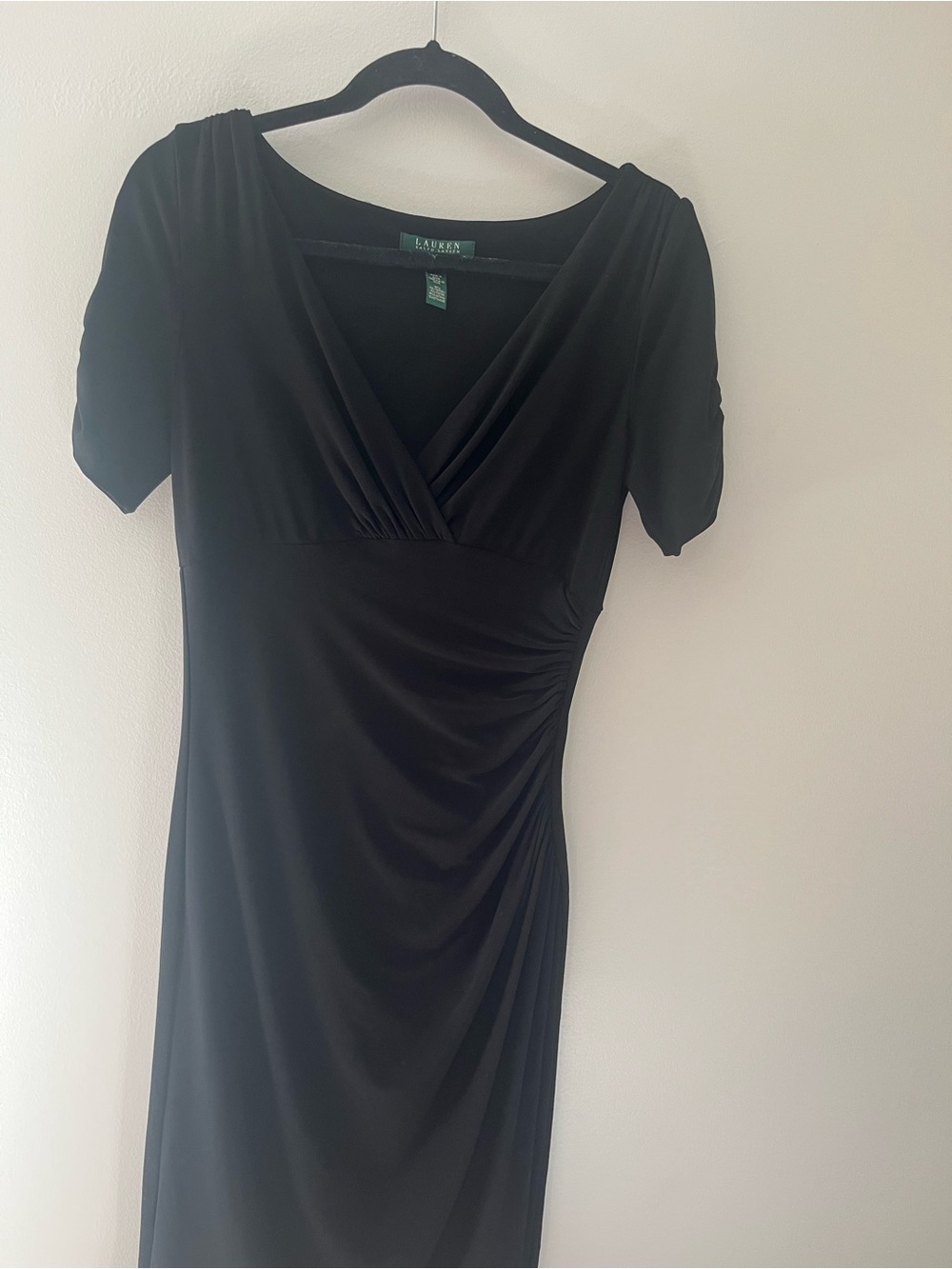 Ralph Lauren Black V‑Neck Ruched Waist Midi Dress